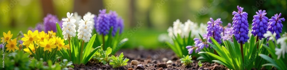 Obraz premium Spring garden with blooming flowers and greenery, hyacinth, snowdrops, garden