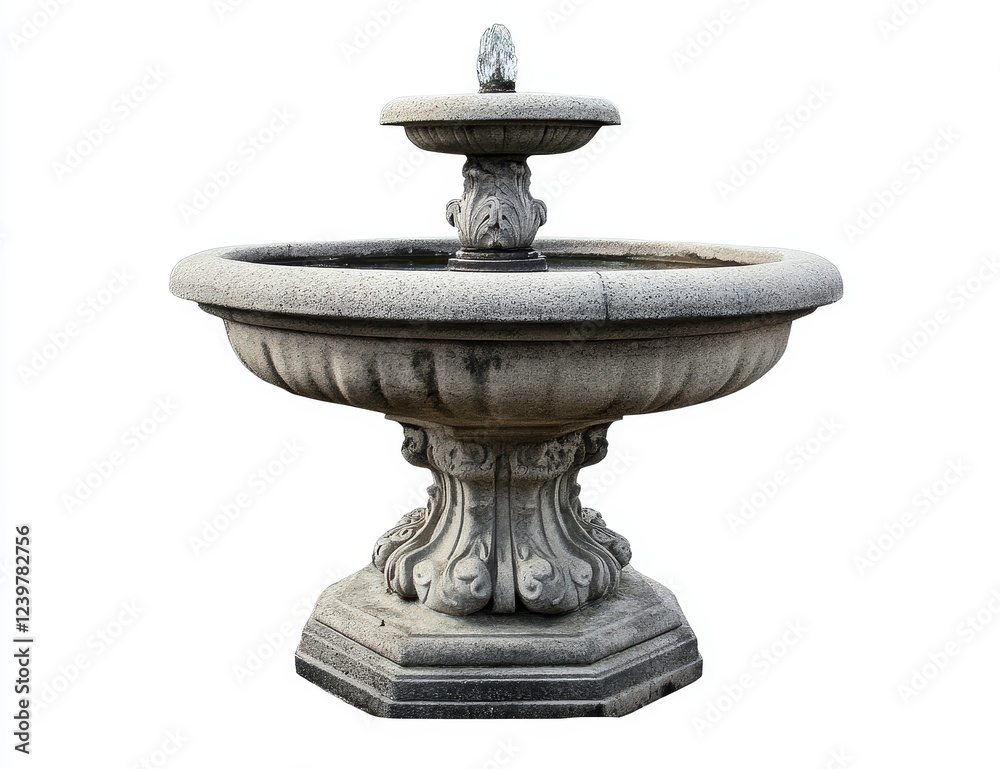 Ornate stone fountain with two tiered basins, isolated on white. Ornate stone fountain with two tiered basins, isolated on white.