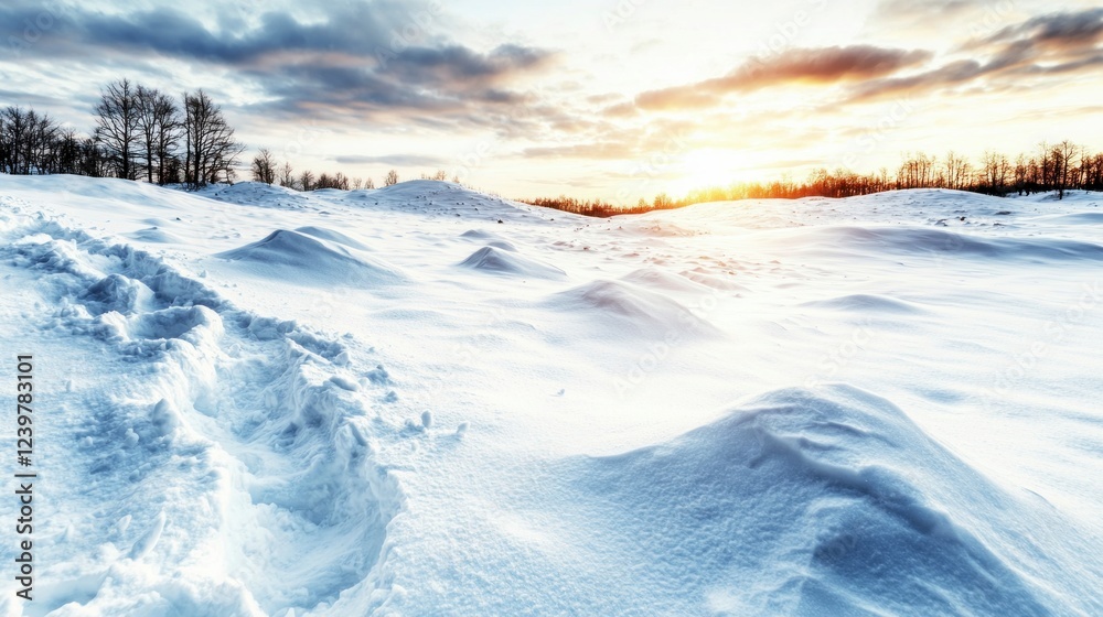 Serene Winter Sunset Snow Covered Landscape Footprints in Snowdrifts Serene Winter Sunset Snow Covered Landscape Footprints in Snowdrifts