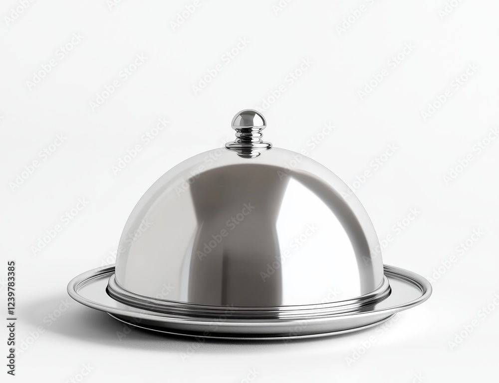Polished silver dome cloche on a platter, isolated on white background. Polished silver dome cloche on a platter, isolated on white background.