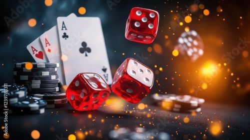 A deck of cards and three red dice are scattered on a table