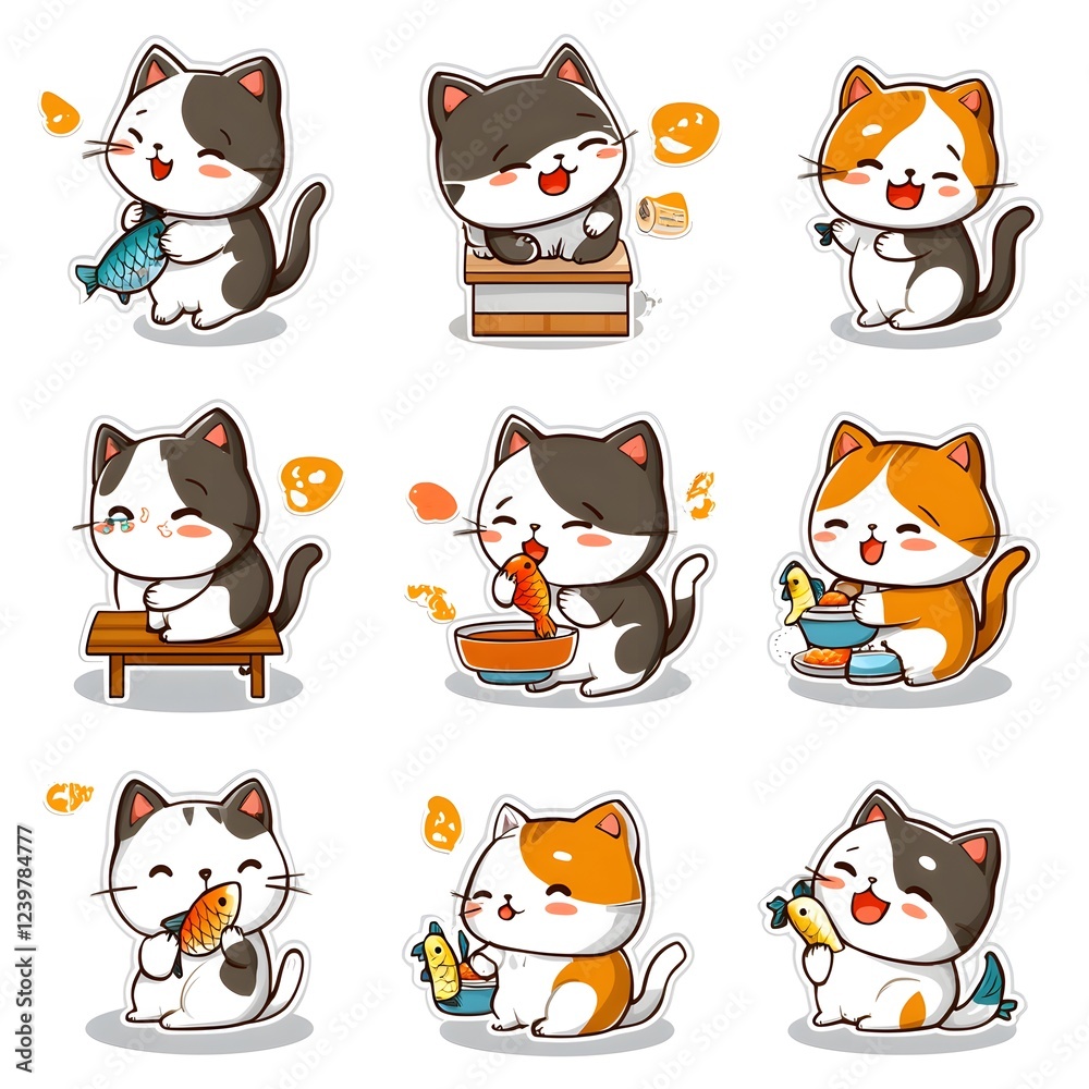 Fototapeta premium Playful cat enjoying fish feast in adorable sticker set