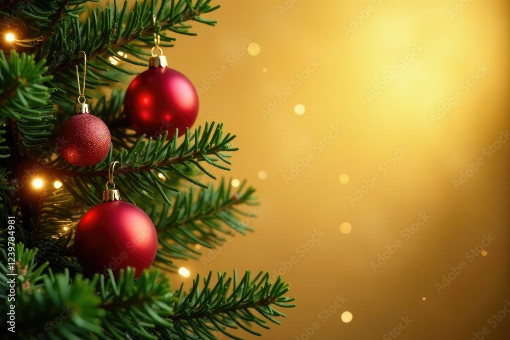 Fir branch with ornaments and lights against a golden Christmas background, shine, warm, fir Fir branch with ornaments and lights against a golden Christmas background, shine, warm, fir