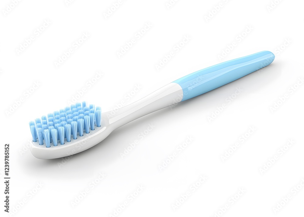 A single blue and white toothbrush rests on a white background A single blue and white toothbrush rests on a white background