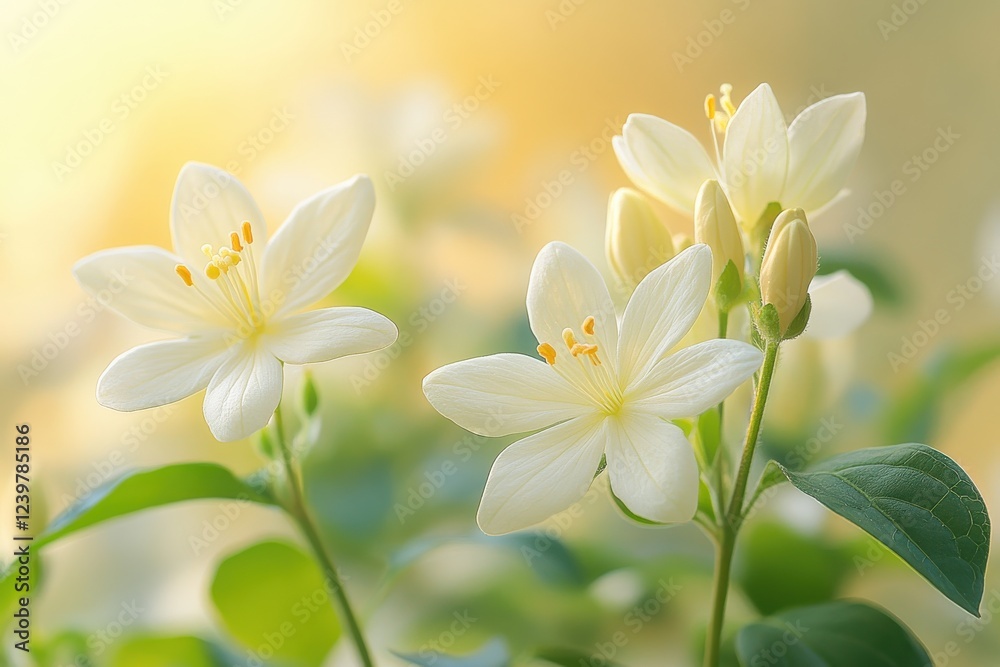 Fototapeta premium Delicate White Flowers Blooming Gracefully Under Soft Sunlight, Captivating Natural Beauty