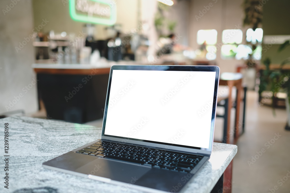 A laptop with a blank white screen placed on a marble table in a cozy café, with a blurred background of chairs, tables, and a counter, representing technology, workspace, and remote work. A laptop with a blank white screen placed on a marble table in a cozy café, with a blurred background of chairs, tables, and a counter, representing technology, workspace, and remote work.