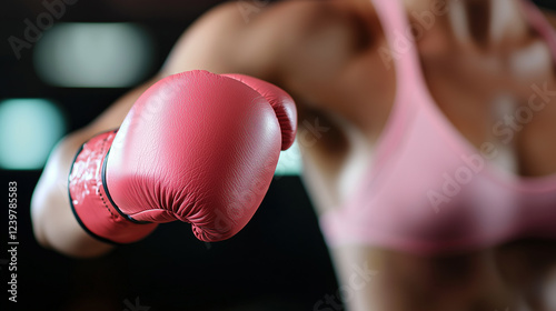 Close-up of a female athlete wearing pink boxing gloves throwing a punch in a dark gym setting.