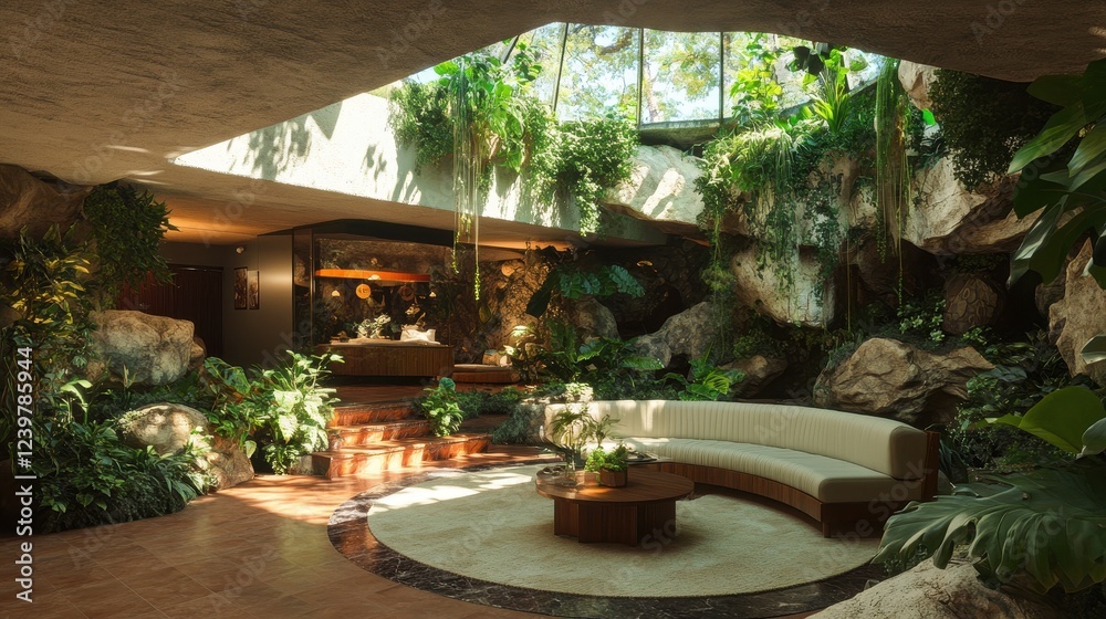 Fototapeta premium Luxurious indoor garden with curved sofa, plants, and natural rock features. Perfect for articles on interior design, biophilic design, or luxury living.