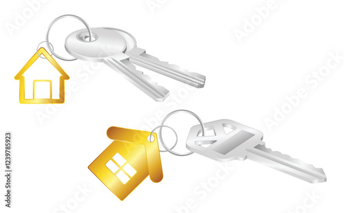 Set illustration of metallic house keychains attached to silver keys, featuring gold house-shaped charms, perfect for real estate, property management, or homeownership themes.