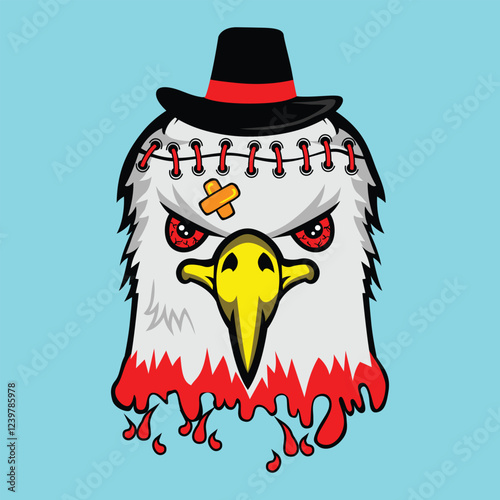Cartoon eagle head with stitched forehead, glowing red eyes, dripping blood, and black hat in a horror theme. Halloween illustration concept
