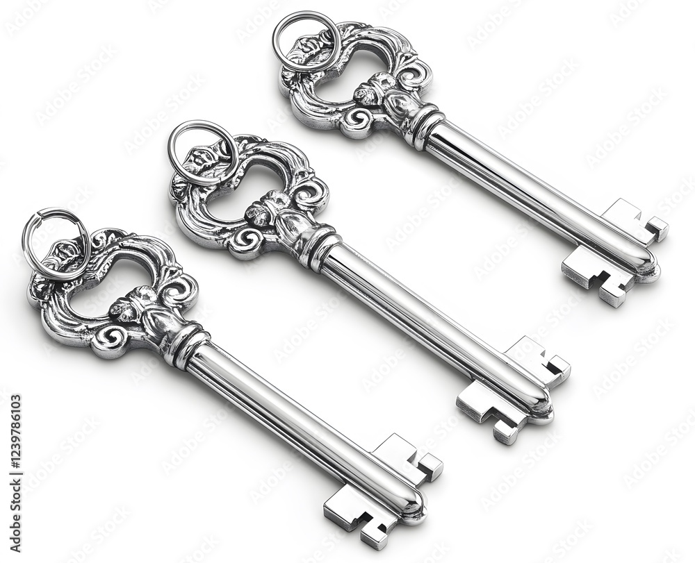 Three Ornate Silver Keys Arranged on White Background Three Ornate Silver Keys Arranged on White Background
