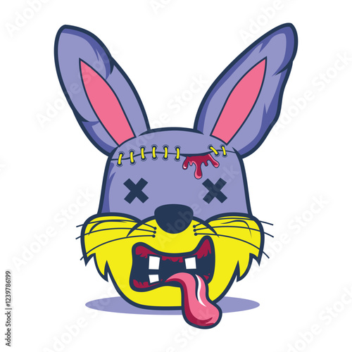 Cartoon zombie rabbit head with stitched details and tongue sticking out in spooky design. Horror character concept
