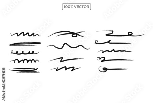 Set of different crayon brush squiggle, straight, curly, dashed lines. photo