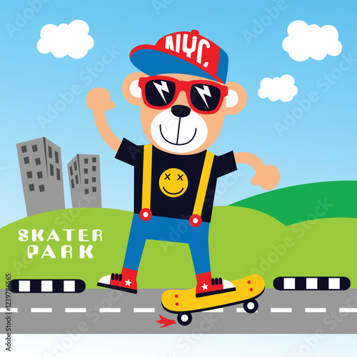 Cartoon bear skateboarding in skater park with urban scenery and cheerful vibe. Outdoor sports concept
