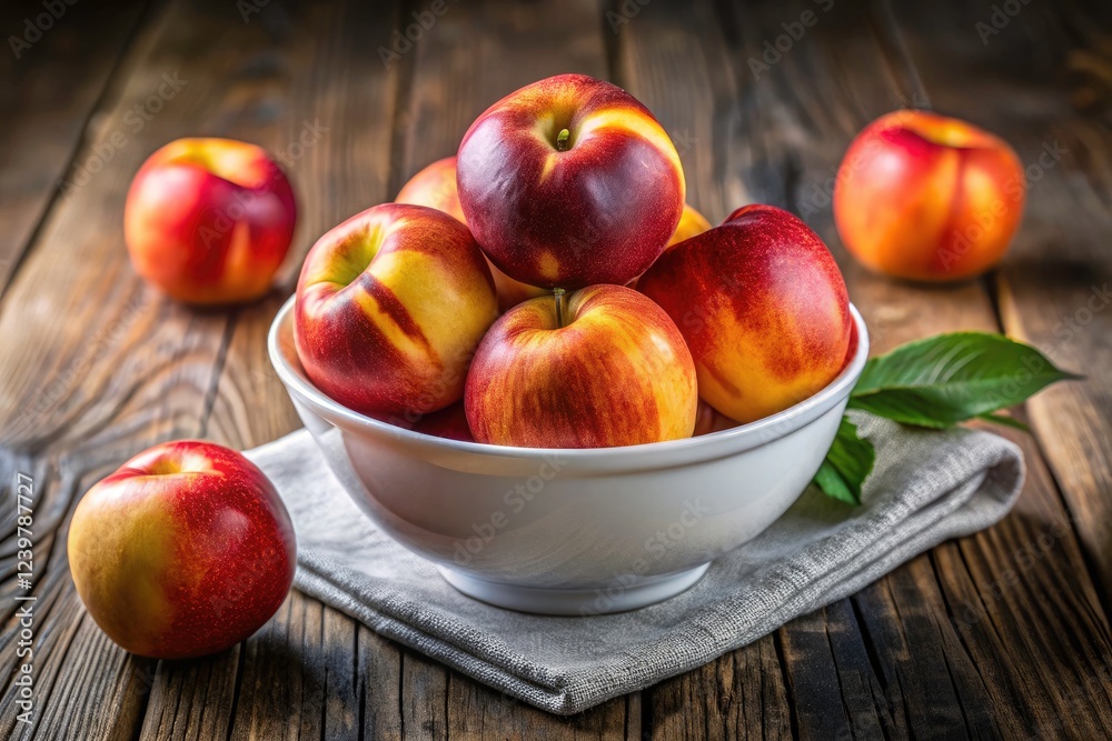 Fresh, ripe white nectarines gleam, a summer bounty in a simple bowl.