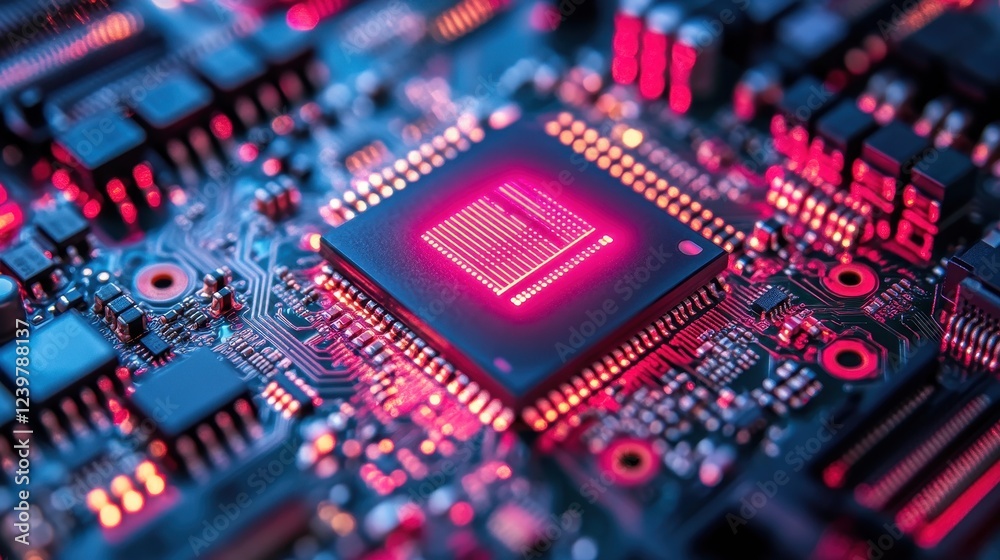 Close-up of a glowing computer chip on a circuit board. Illustrates technology, innovation, and computing power. Close-up of a glowing computer chip on a circuit board. Illustrates technology, innovation, and computing power.