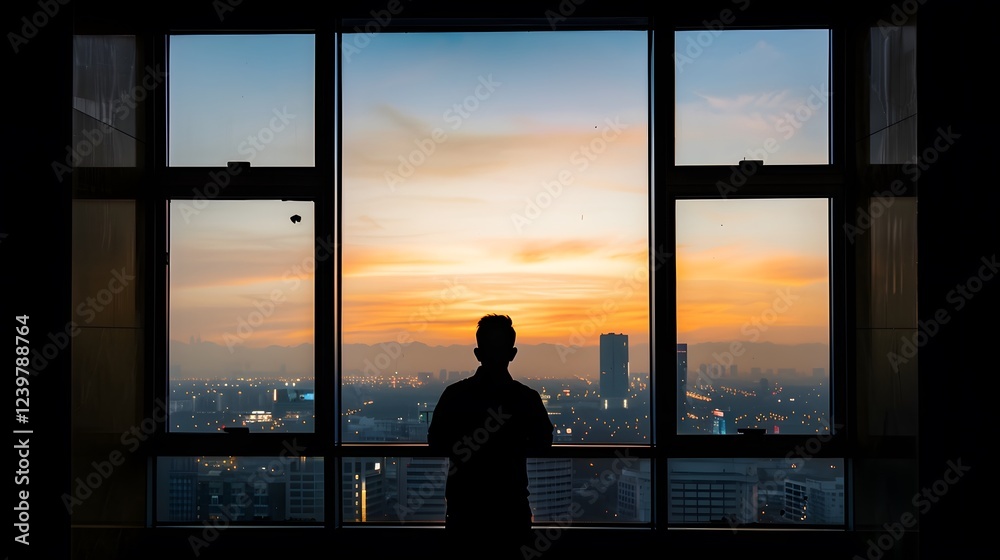 An executive looking out a large glass window An executive looking out a large glass window