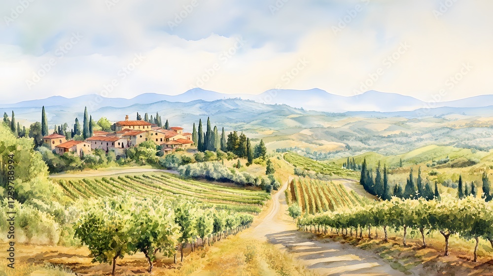 Naklejka premium Tuscan Villa Nestled Among Rolling Hills And Vineyards