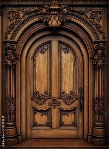 Ornate carved wooden double door with arched entryway and pillars.