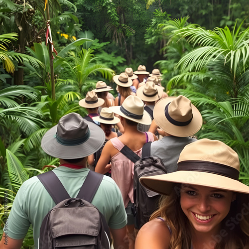 Group of people in safari hats exploring a vibrant, lush jungle with a sense of adventure and discovery, captured in a lively and dynamic photograph. photo