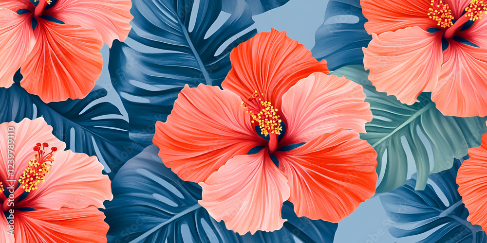 Obraz premium Tropical Floral Symphony: A vibrant tapestry of coral hibiscus blooms and cool-toned leaves creates a lush and inviting pattern, perfect for capturing the essence of summer's exotic beauty. 