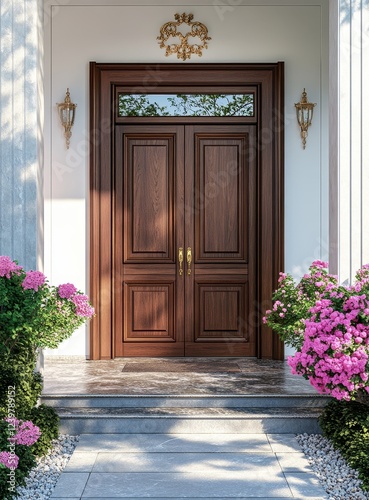 Elegant double wooden front door with sidelights,  classical design, entryway, home exterior.