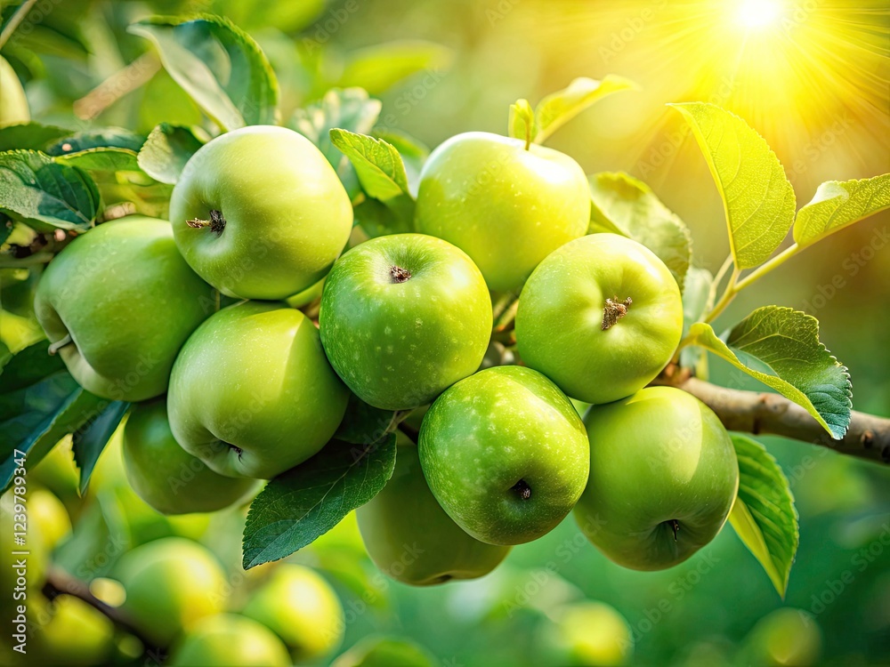 Green apples, plump and juicy, adorn the branches, their crisp white interiors await. Green apples, plump and juicy, adorn the branches, their crisp white interiors await.