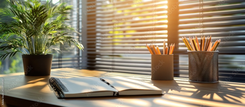 Fototapeta premium Sunny Workspace: Notebook, Pencils, and Plant