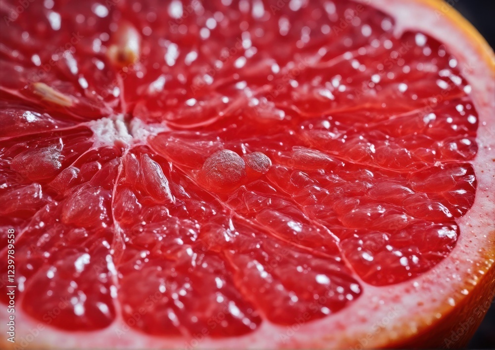 Macro Shot of a Fresh Grapefruit Slice with Water Droplets. For food brands use. Health and nutrition blogs and recipe books use. Packaging design use.	