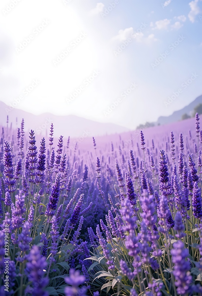 Fototapeta premium Lavender Field Basking in Soft Sunlight