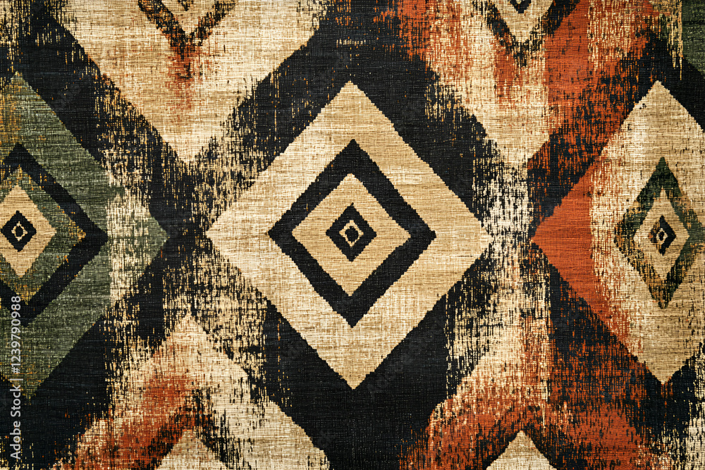Geometric Textile Design: Abstract diamond pattern in earthy tones of black, beige, orange and green. The design features a textured, distressed effect, suggesting a hand-crafted or vintage feel. Geometric Textile Design: Abstract diamond pattern in earthy tones of black, beige, orange and green. The design features a textured, distressed effect, suggesting a hand-crafted or vintage feel.