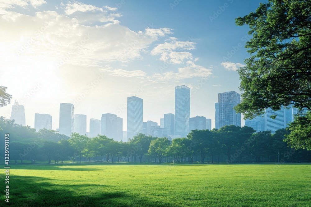 City skyline viewed from a park on a sunny morning with clear skies and green grass. Generative AI City skyline viewed from a park on a sunny morning with clear skies and green grass. Generative AI