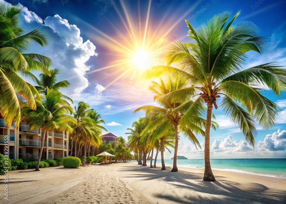 Obraz premium Luxurious Palm Tree Lined Beach Resort Vacation Getaway