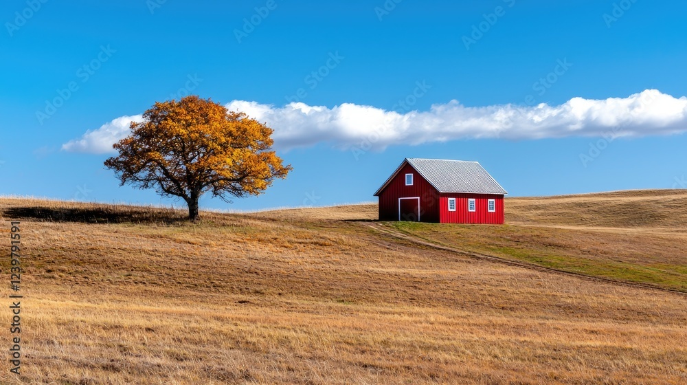 Red barn autumn landscape, tree, hill, clear sky, farm Red barn autumn landscape, tree, hill, clear sky, farm