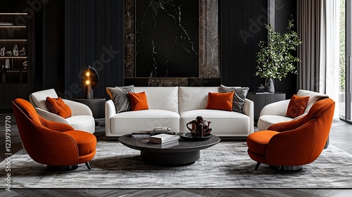 Modern living room, elegant furniture, dark walls, relaxing atmosphere, home decor photo