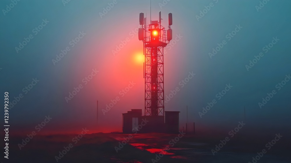 A tall tower with a red light on top A tall tower with a red light on top