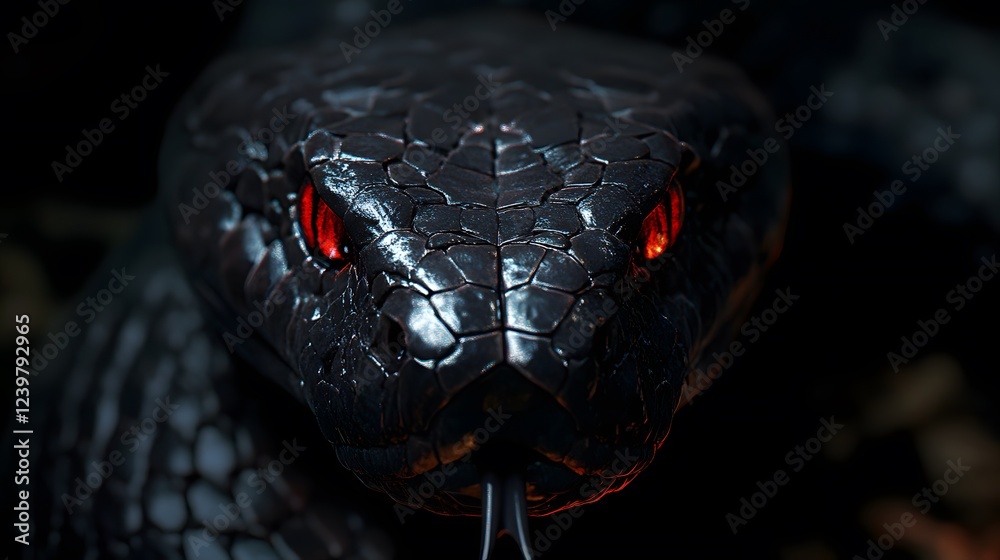 Fototapeta premium Black Snake with Red Eyes, on Black Background, Abstract Image, Texture, Pattern Background, Wallpaper, Cover and Screen of Smartphone, PC, Laptop, 9:16 and 16:9 Format