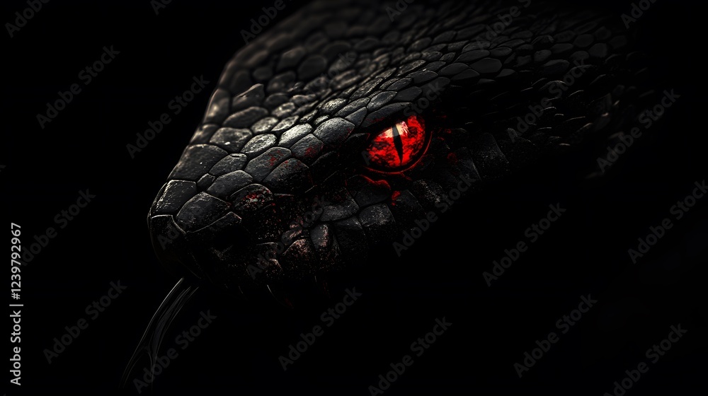 Fototapeta premium Black Snake with Red Eyes, on Black Background, Abstract Image, Texture, Pattern Background, Wallpaper, Cover and Screen of Smartphone, PC, Laptop, 9:16 and 16:9 Format