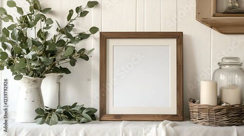 Rustic Elegance Mockup: A stylish, minimalist mockup featuring a blank square frame on a whitewashed wooden shelf.