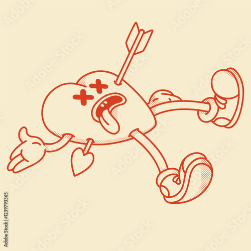 Heart mascot in retro groovy style. Valentine's Day vintage heart character killed by Cupid`s arrow. February 14 vector