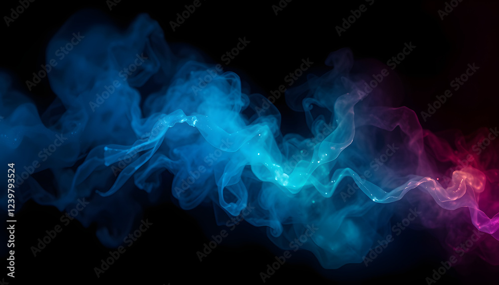 Obraz premium Color mist. Ink water. Haze texture. Fantasy night sky. Blue green shiny glitter steam cloud blend on dark black abstract art background, Colored gel lighting. isolated with white shades