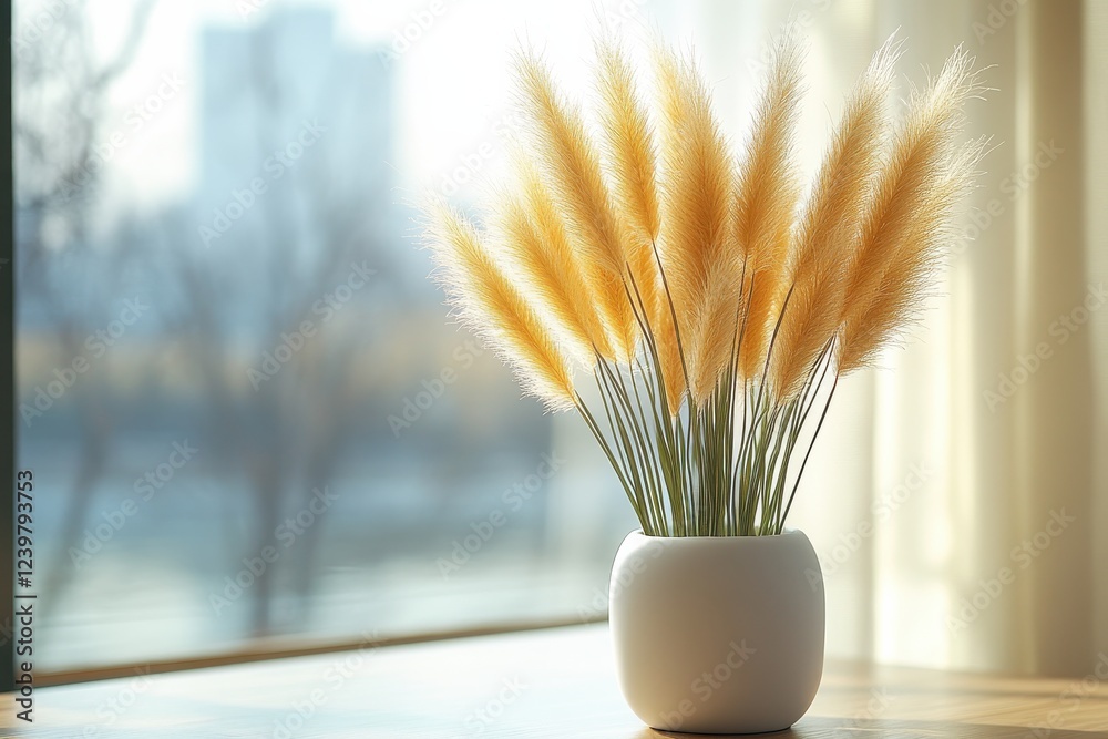 Naklejka premium Dried Yellow Flowers In Elegant White Vase Decorating Modern Interior Space With Sunlight