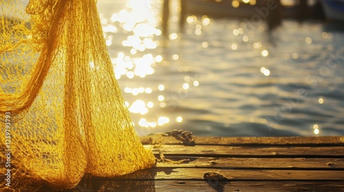 Sunlit Yellow Net on Dock, vibrant net casting a warm glow, enhancing the serene waterfront atmosphere.