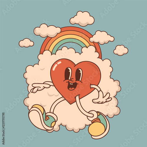 Heart mascot in retro groovy style. Valentine's Day vintage heart character crazy in love. Rainbow, clouds