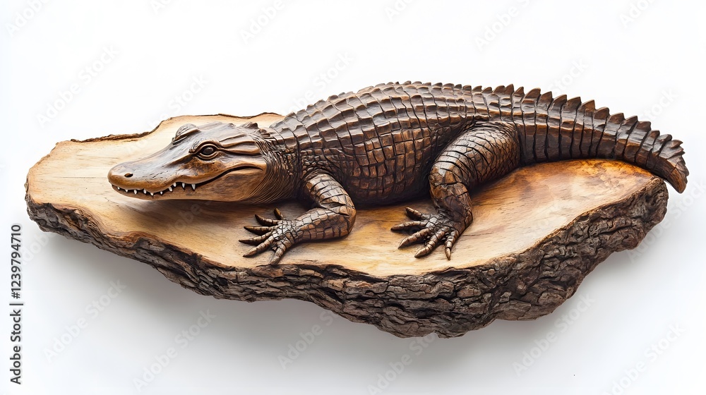 Fototapeta premium Alligator Sculpture Carved in Rustic Wood, on White Background, Abstract Image, Texture, Pattern Background, Wallpaper, Cover and Screen of Smartphone, PC, Laptop, 9:16 and 16:9 Format