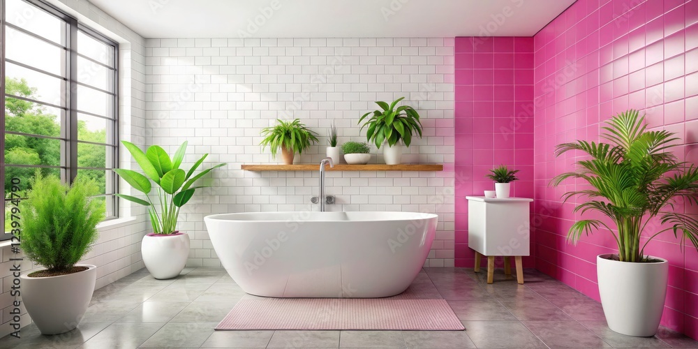 Lush greenery in a rosy pink pot brightens a minimalist white bathroom vanity.