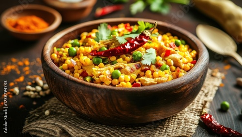 Delicious Chicken and Pea Curry in a Rustic Wooden Bowl