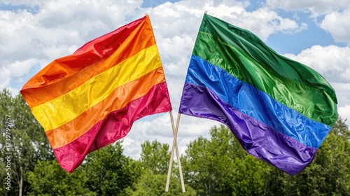 Two pride flags waving outdoors, trees in background, LGBTQ+ celebration