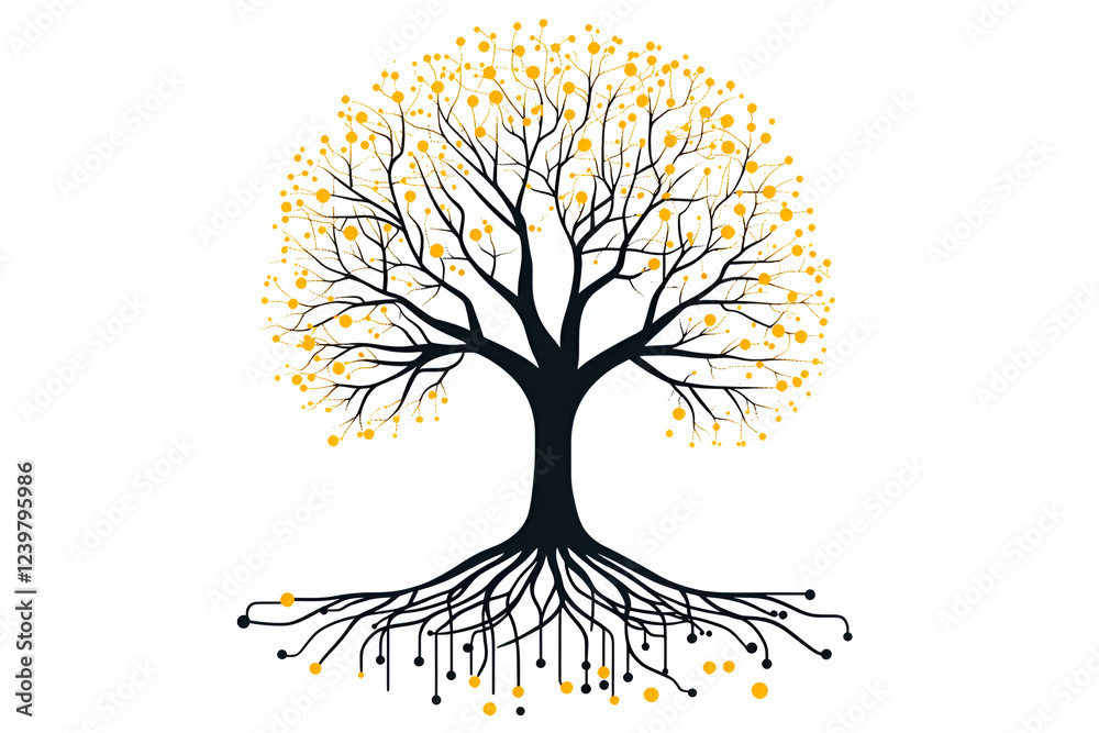 Naklejka premium The Tree of Knowledge: A striking minimalist illustration of a tree with intricate roots representing knowledge and growth, symbolized by golden leaves.