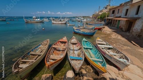 Colorful Fishing Boats on Sandy Shore Near Turquoise Water